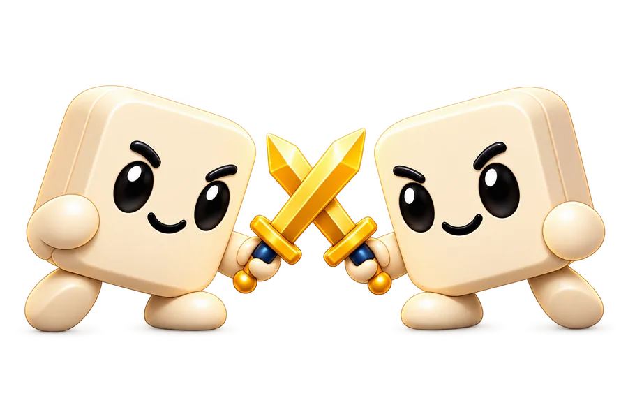 Two cream JustBlock mascots meeting with crossed golden swords