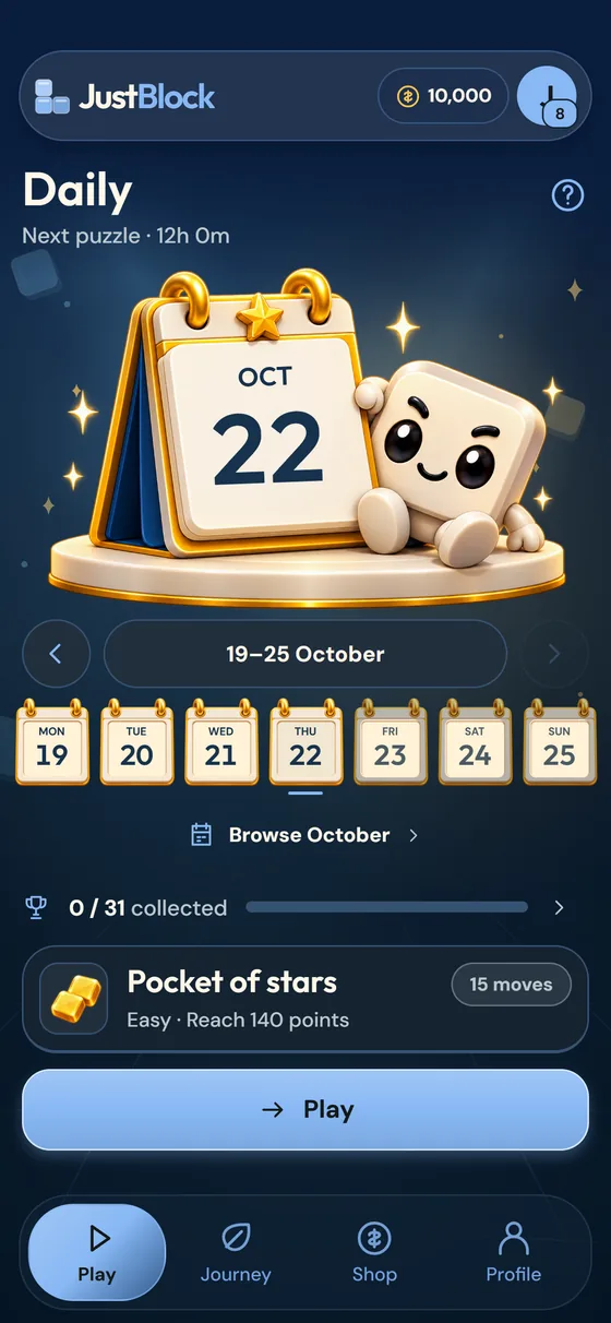 Daily app preview with calendar mascot, weekly date cards and selected challenge