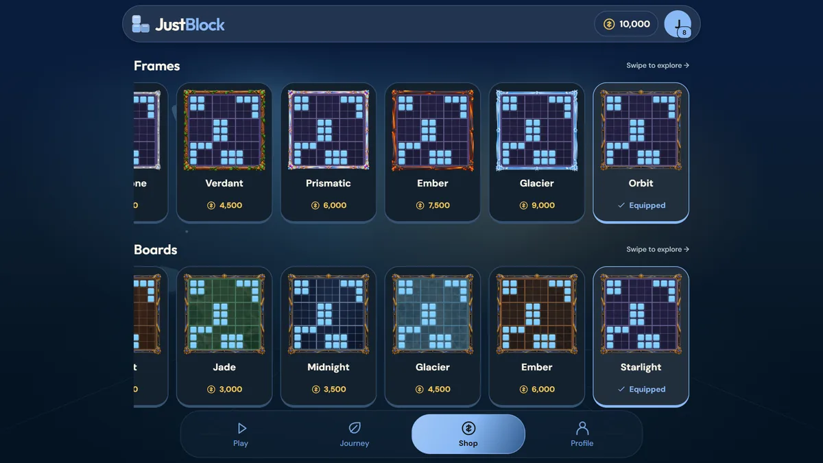 Gear app preview showing illustrated Glacier and Orbit frames and themed board surfaces