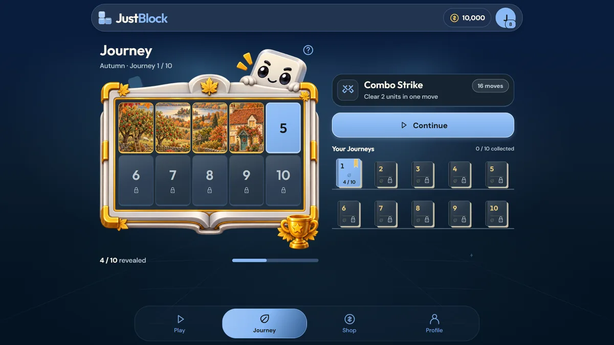 Journey app preview showing the illustrated Autumn album, revealed picture tiles and book collection
