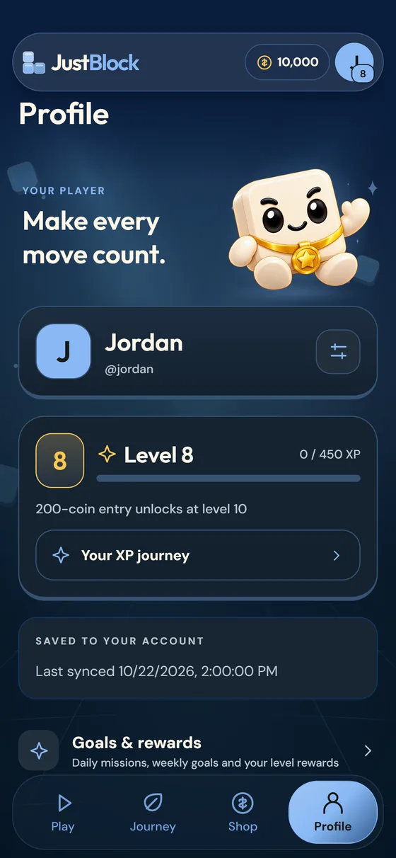Profile app preview with player level, XP, trophies, saved progress and Goals rewards