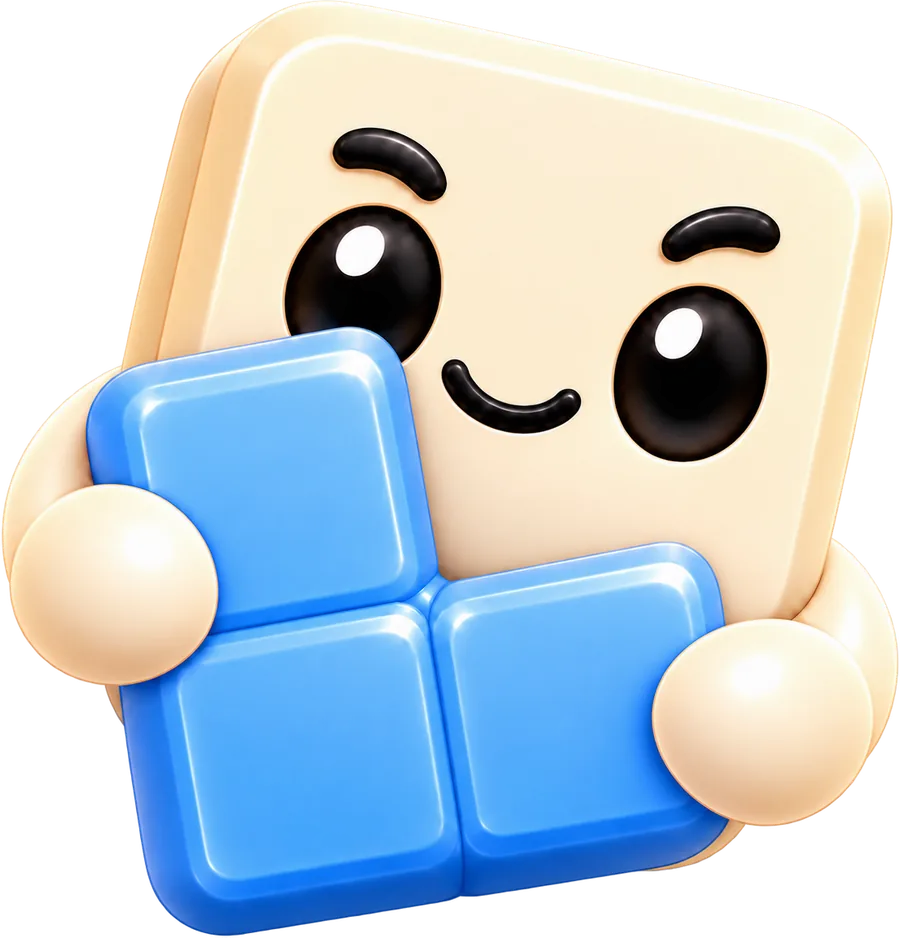 JustBlock's smiling cream mascot hugging a blue L-shaped puzzle piece